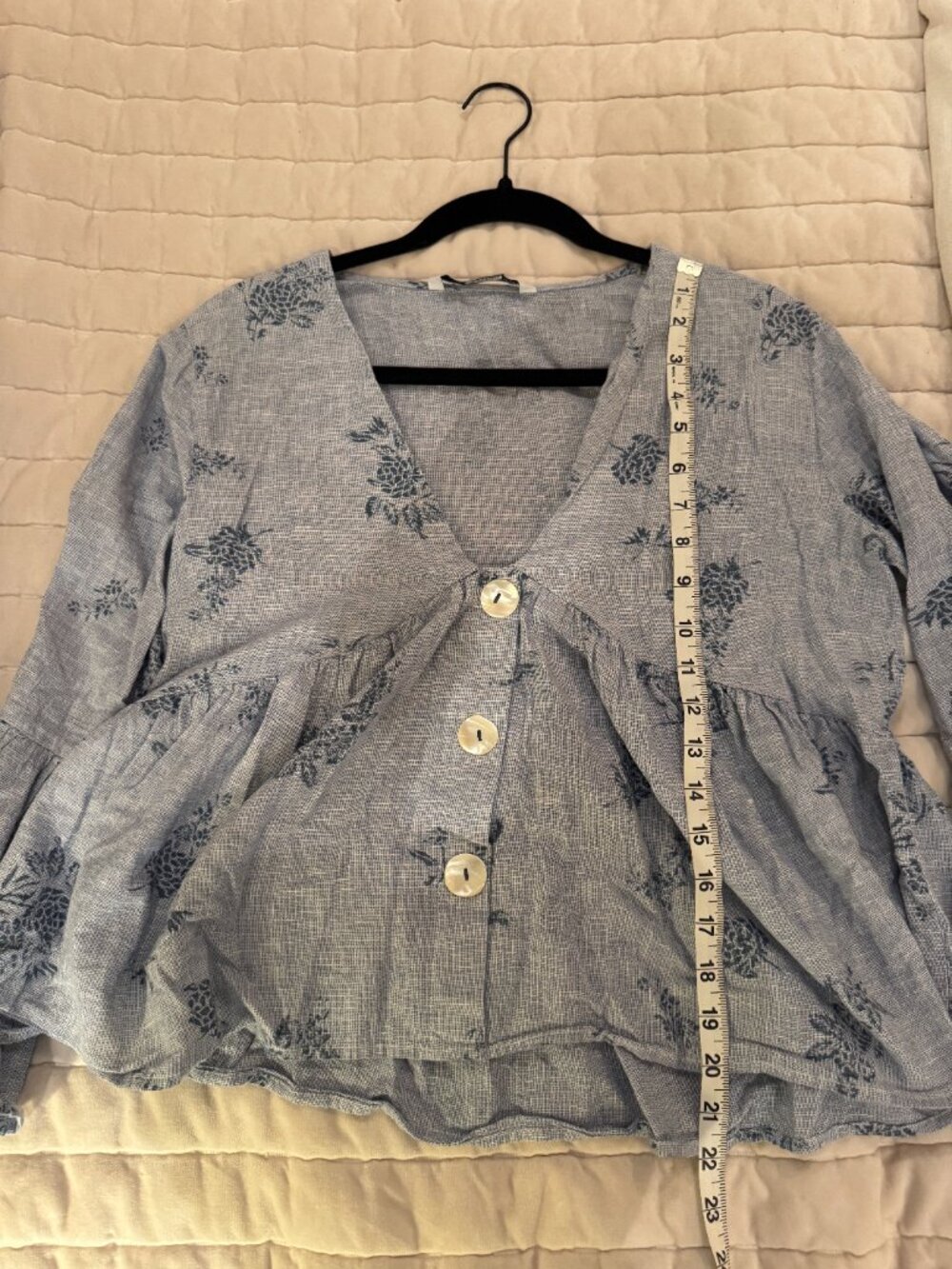 Zara Blue Floral Print Peplum Top Bell Sleeve Sz L - Picture 6 of 10